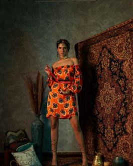 Orange Blotch Off-Shoulder Short Dress