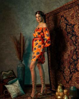 Orange Blotch Off-Shoulder Short Dress